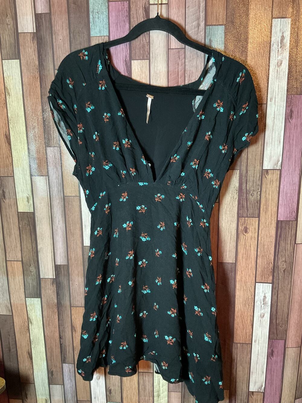 Free People Everyone's Favorite Mini Dress Black Plunging V-neck Floral Small